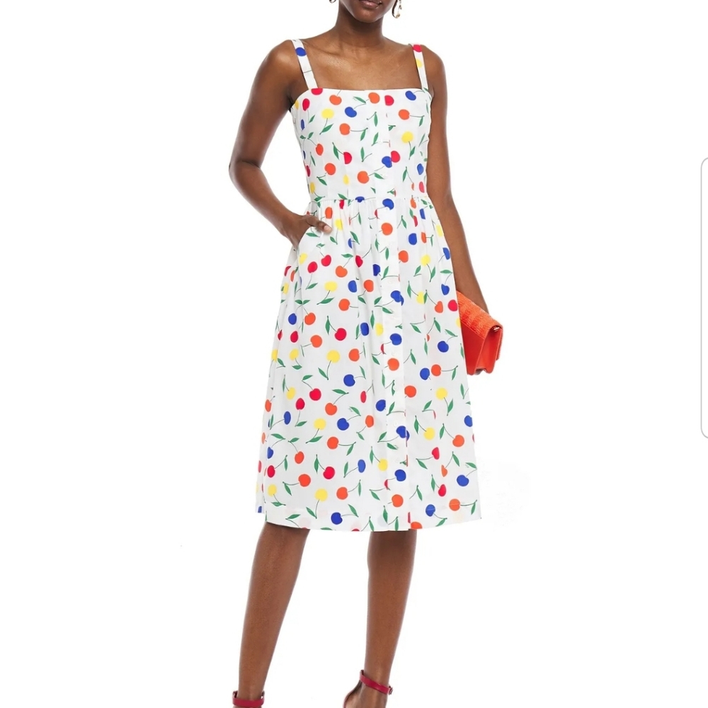 HVN Laura Bow Embellished Printed Poplin Dress